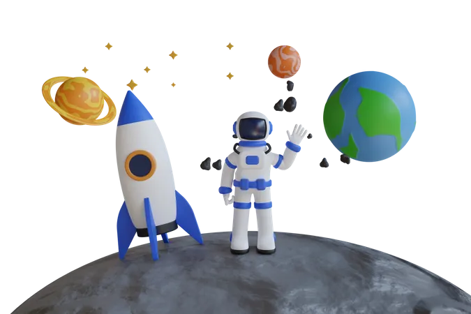 Astronauta en la luna con cohetes y planetas  3D Illustration