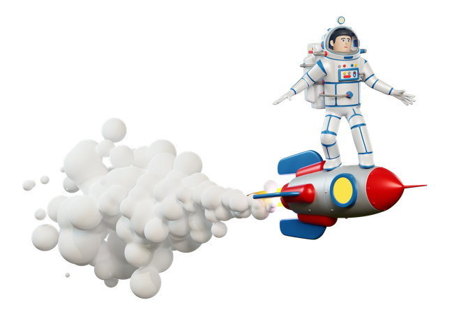 Astronauta en traje espacial montado en cohete en el espacio  3D Illustration