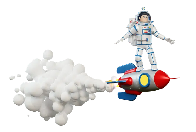 Astronauta en traje espacial montado en cohete en el espacio  3D Illustration