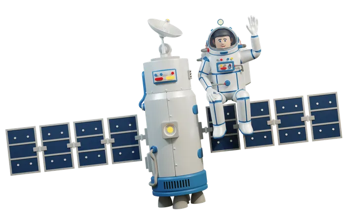 Astronauta en traje espacial se sienta en un satélite espacial  3D Illustration