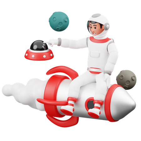 El astronauta está sentado en un cohete.  3D Illustration