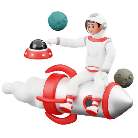 El astronauta está sentado en un cohete.  3D Illustration