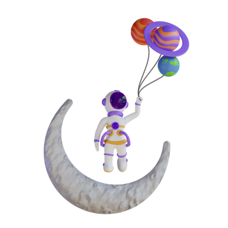 Astronauta flotando con globos planetarios.  3D Illustration