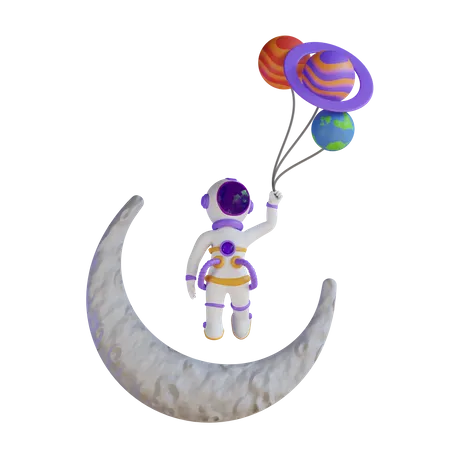 Astronauta flutuando com balões do planeta  3D Illustration