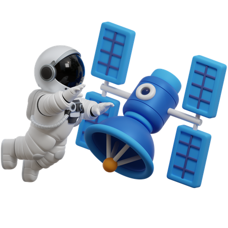 Astronauta flutuando perto de satélite  3D Illustration