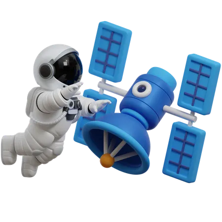 Astronauta flutuando perto de satélite  3D Illustration