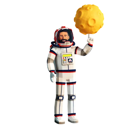 Astronauta 3 D Girando A Lua No Dedo Estilo De Desenho Animado Low Poly As Texturas Estao Incluidas Em Arquivos PNG 3D Illustration