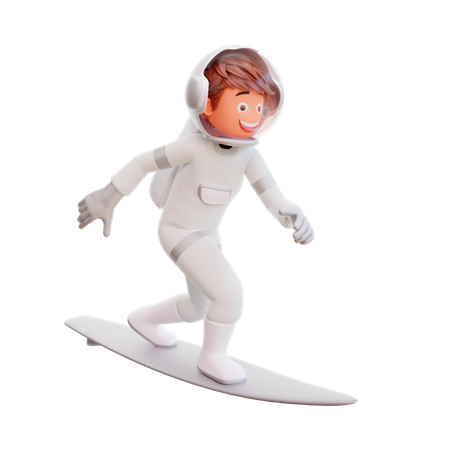 Astronauta haciendo surf usando tabla de surf  3D Illustration