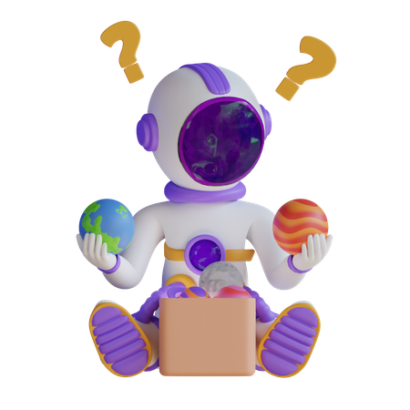 Astronauta jugando con Space Toys In Box  3D Illustration