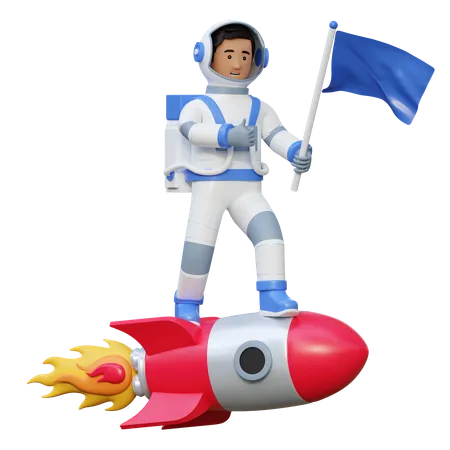 Astronauta montando foguete em nave espacial carregando bandeira  3D Illustration