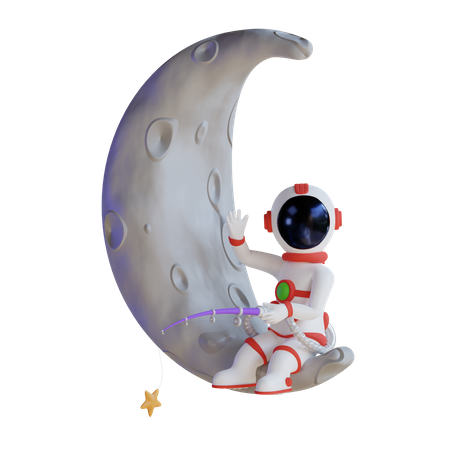 Astronauta pescando estrella en la luna  3D Illustration