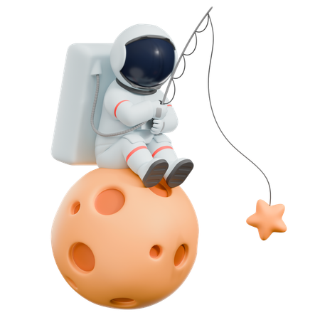 Astronauta pescando na lua  3D Illustration