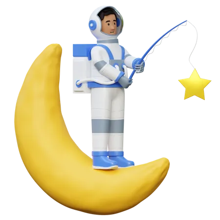 Astronauta pescando na lua  3D Illustration
