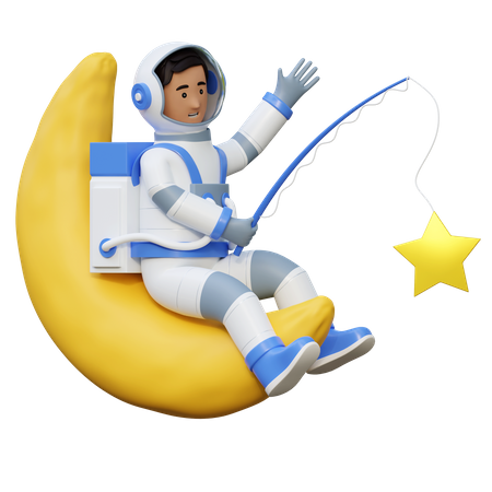 Astronauta pescando na lua  3D Illustration