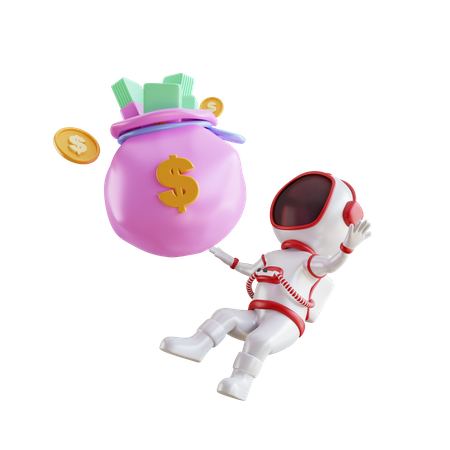 Astronauta rico com saco de dinheiro  3D Illustration