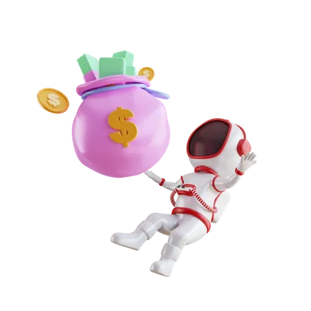 Astronauta rico com saco de dinheiro  3D Illustration