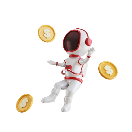 El Personaje Astronauta 3 D Esta Flotando Con Monedas 3D Illustration