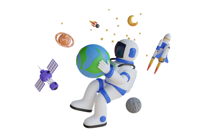 Astronauta segura a Terra nas mãos  3D Illustration