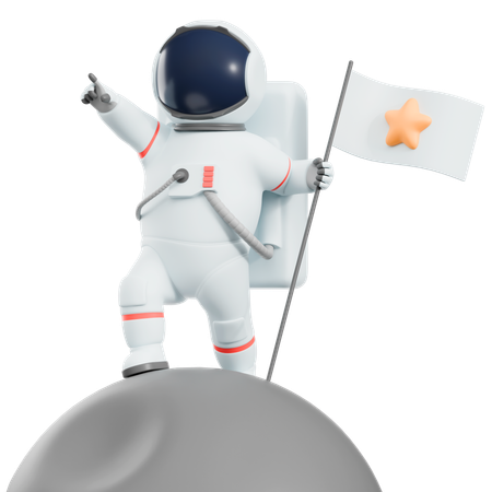 Astronauta segurando bandeira na lua  3D Illustration