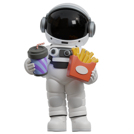 Astronauta segurando batatas fritas e bebida  3D Illustration