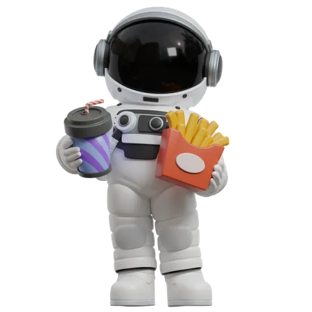 Astronauta segurando batatas fritas e bebida  3D Illustration