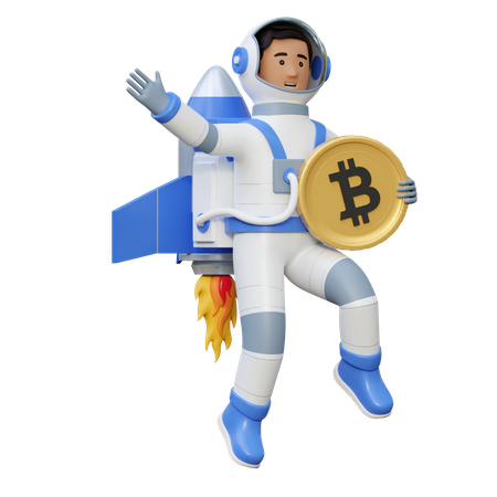 Astronauta segurando Bitcoin enquanto voava no espaço  3D Illustration