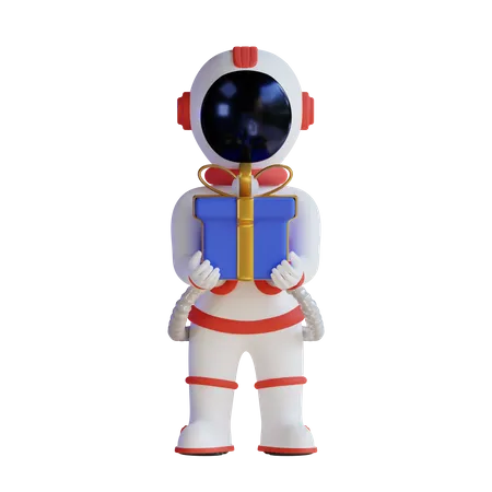 Astronauta segurando uma caixa de presente  3D Illustration