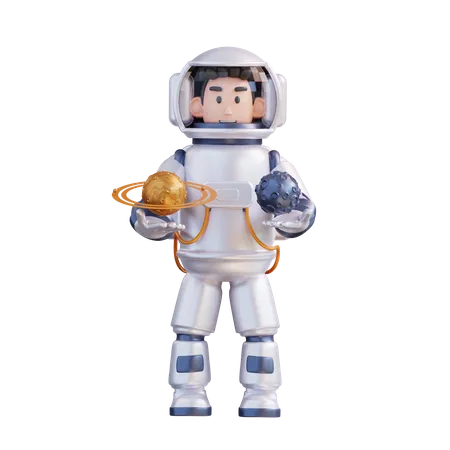 Astronauta segurando a lua e Saturno  3D Illustration