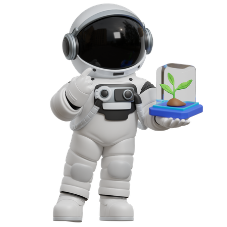 Astronauta segurando recipiente de vidro com planta  3D Illustration