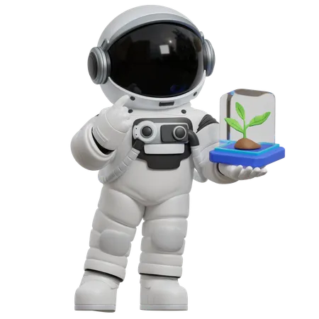 Astronauta segurando recipiente de vidro com planta  3D Illustration