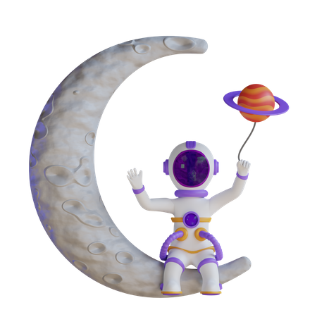 Astronauta sentado na lua e segurando um balão planetário  3D Illustration