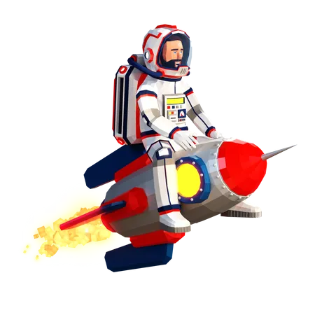 Astronauta 3 D Em Um Traje Espacial Voando Sentado Em Cima De Um Foguete Como Um Cowboy Estilo De Desenho Animado Low Poly As Texturas Estao Incluidas Em Arquivos PNG 3D Illustration