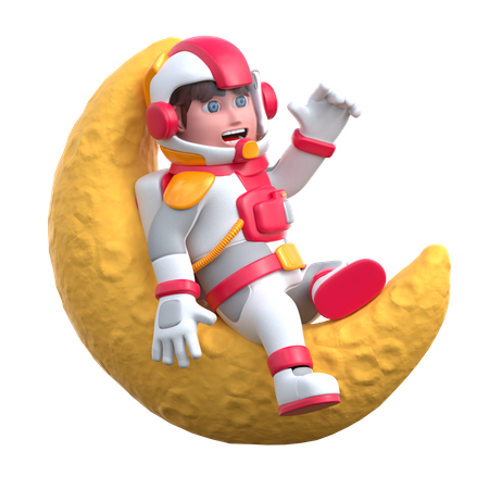 Astronauta sentado relajado en la luna creciente  3D Illustration