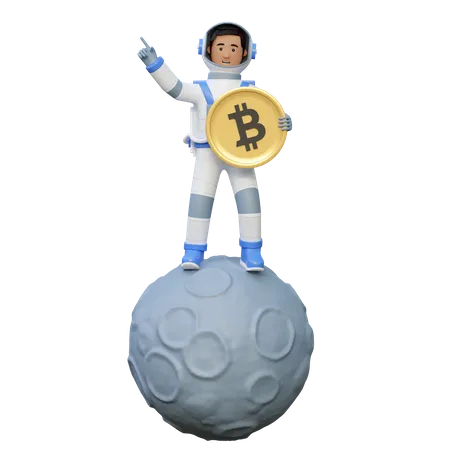 Astronauta sosteniendo Bitcoin mientras está de pie en la Luna  3D Illustration