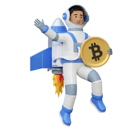 Astronauta sosteniendo Bitcoin mientras vuela en el espacio  3D Illustration