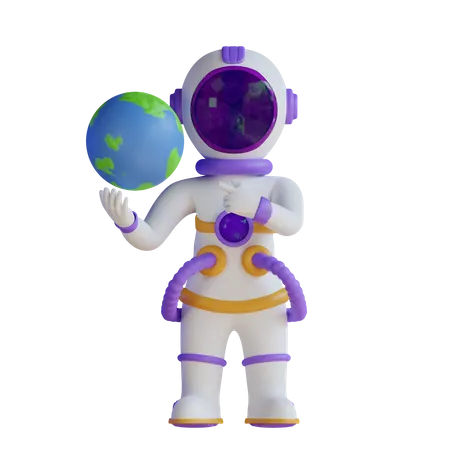 Astronauta sosteniendo el planeta Tierra y apuntando hacia el lado derecho  3D Illustration
