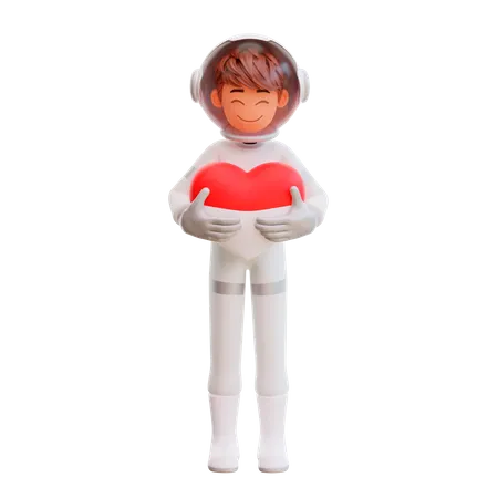 Astronauta sosteniendo globo en forma de corazón  3D Illustration