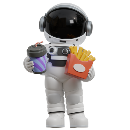 Astronauta sosteniendo papas fritas y bebida  3D Illustration