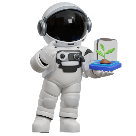 Astronauta sosteniendo un recipiente de vidrio con una planta  3D Illustration