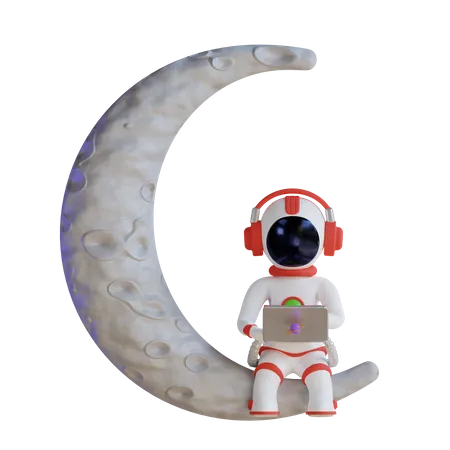 Astronauta trabajando con computadora portátil en la luna  3D Illustration