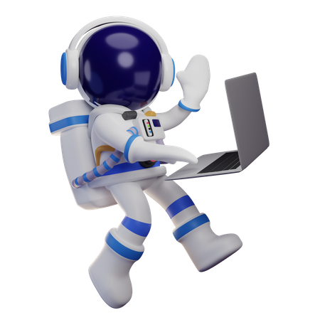Astronauta trabalhando no laptop enquanto acena com a mão  3D Illustration