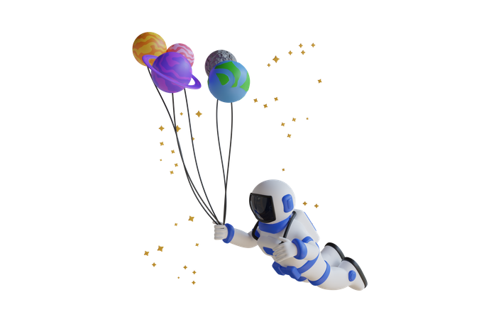 Astronauta voando com balões planetários  3D Illustration