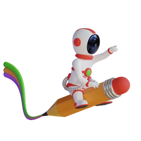 Astronauta volando con cohete lápiz  3D Illustration