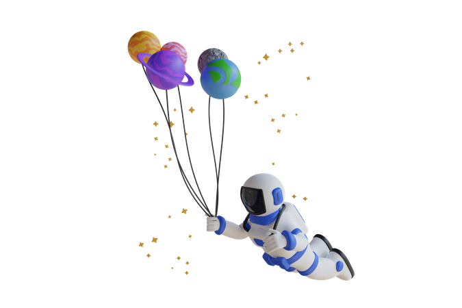 Astronauta volando con globos planetarios  3D Illustration