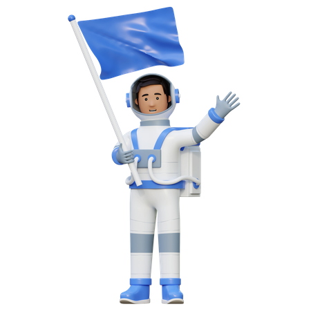Astronauta volando y sosteniendo la bandera en el espacio  3D Illustration