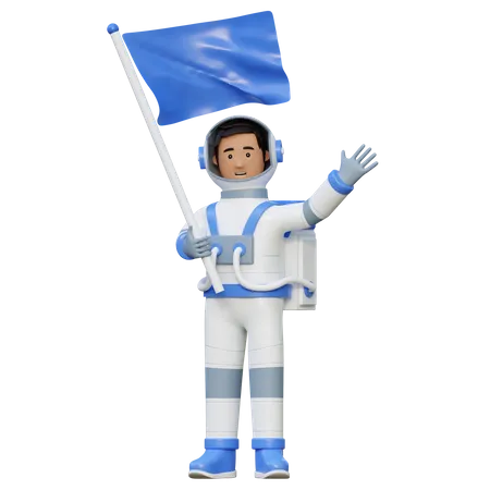 Astronauta volando y sosteniendo la bandera en el espacio  3D Illustration