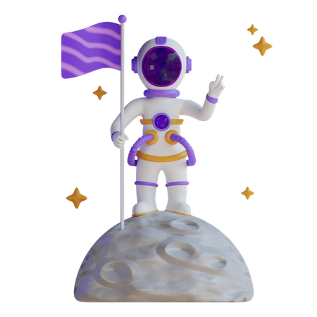 Astronaute avec drapeau sur la Lune  3D Illustration