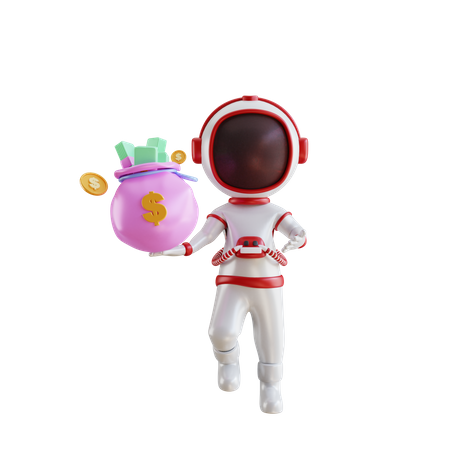 Astronaute avec un sac d'argent  3D Illustration
