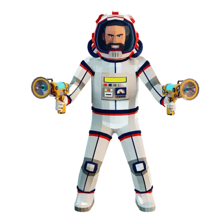 Astronaute en combinaison spatiale avec deux blasters en mains  3D Illustration