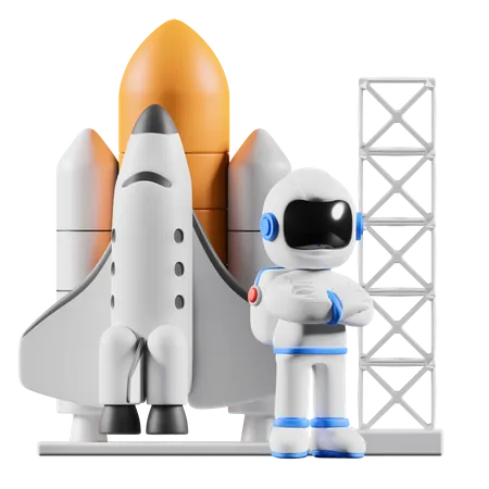 Astronaute debout à côté du lancement d'une fusée  3D Illustration